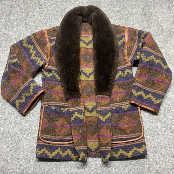 Blue Duck Jackets & Blazers - Vintage Blue Duck Coat Womens Large Brown Wool Fur Trim Southwestern Aztec